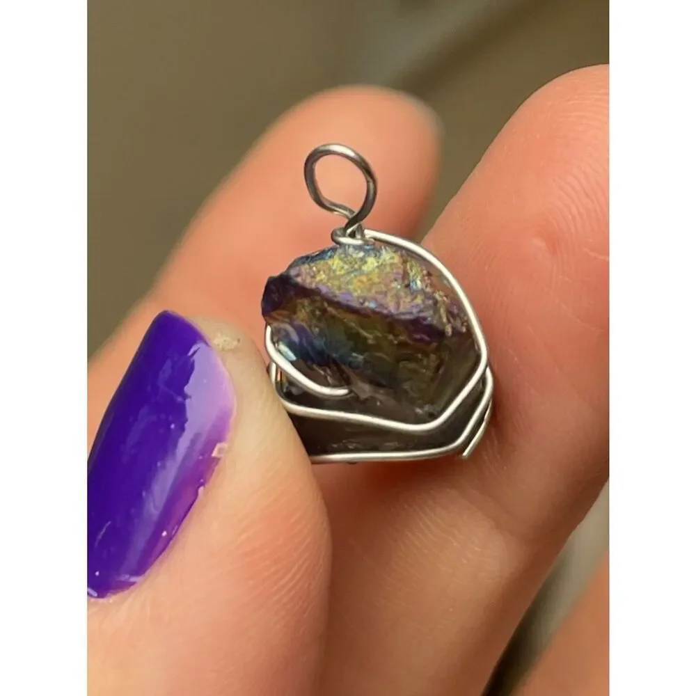 Handmade Small Rainbow Titanium Aura Stone Pendant Wrapped in Silver Wire